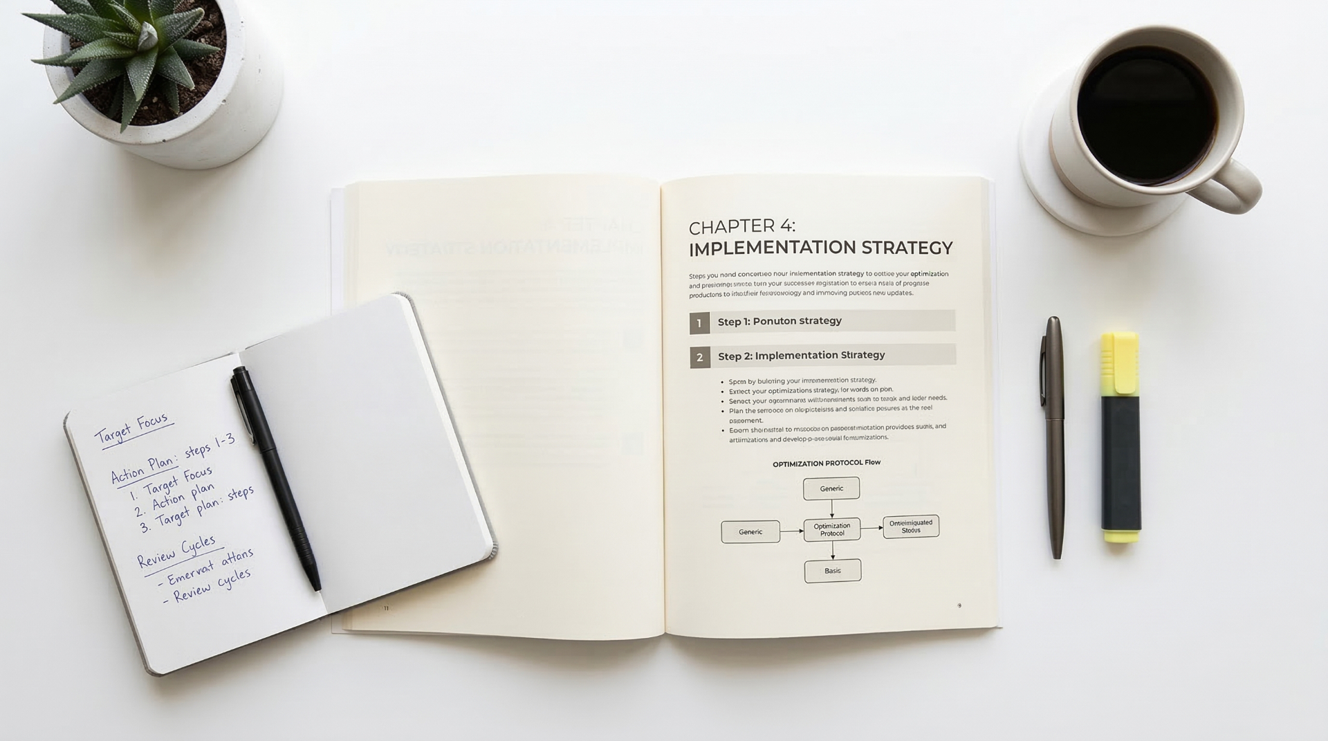 Open guide showing implementation strategy chapter with notes and coffee