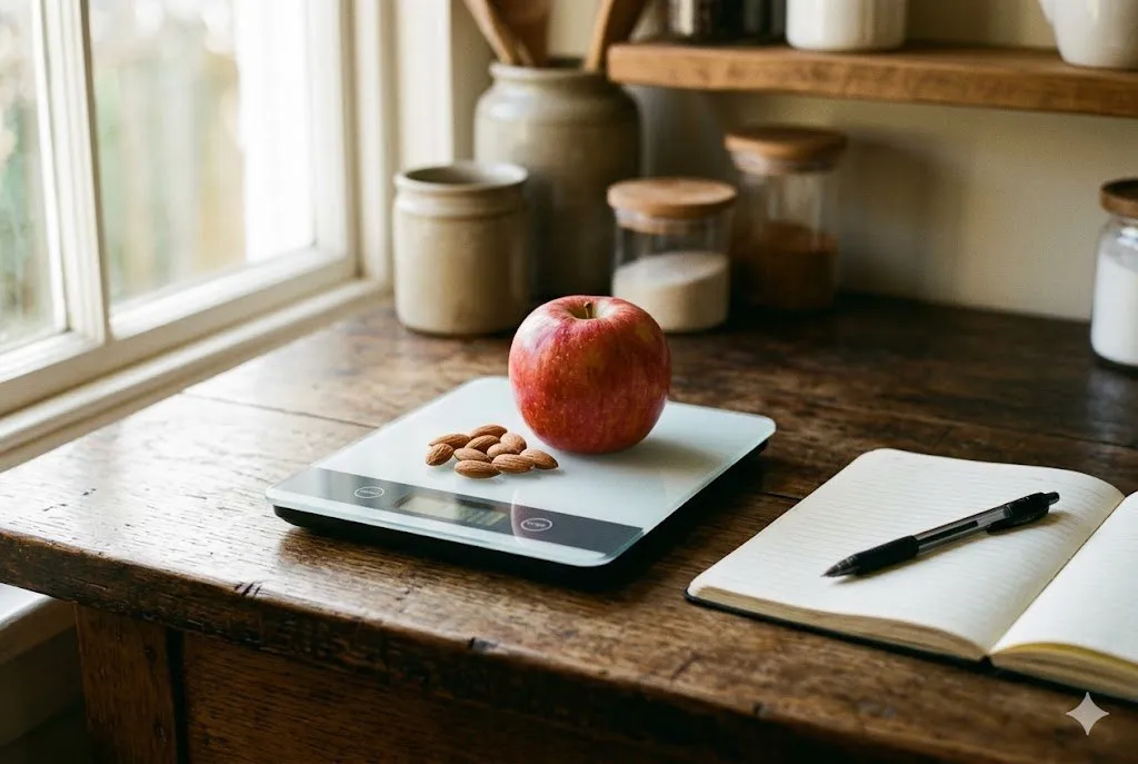 Red apple and almonds on a digital kitchen scale on a dark wooden counter