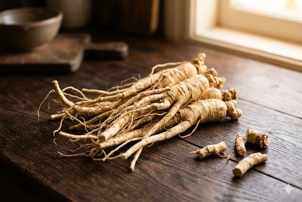 Coleus forskohlii roots on a wooden table