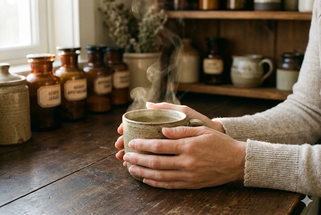 Hands in an oatmeal knit sleeve cradling a steaming stoneware mug on a dark wooden counter