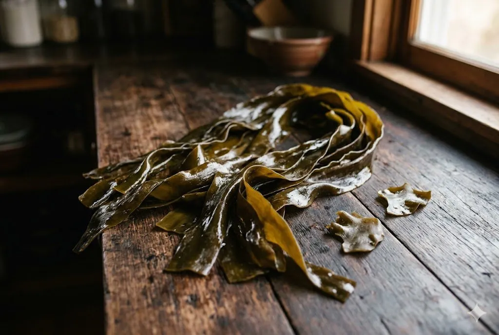 Fresh kelp seaweed ribbons on a wooden table