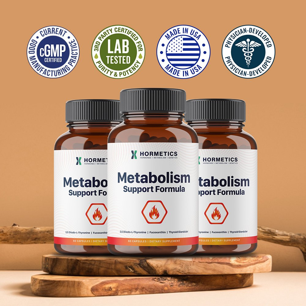Three bottles of Metabolism Support Formula on a wooden podium with cGMP Certified, 3rd Party Lab Tested, Made in USA, and Physician-Developed seals above