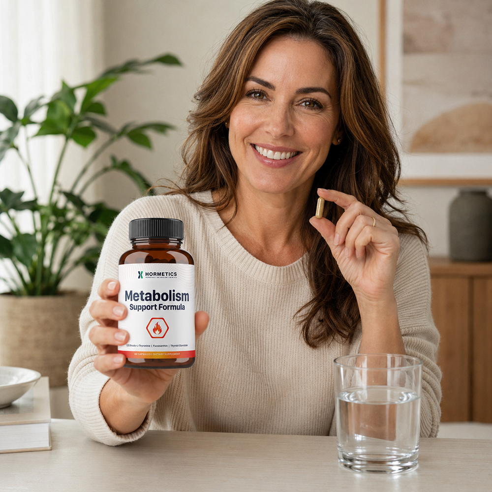 A smiling woman in her kitchen holding a bottle of Hormetics Metabolism Support Formula and a capsule, with a water glass beside her
