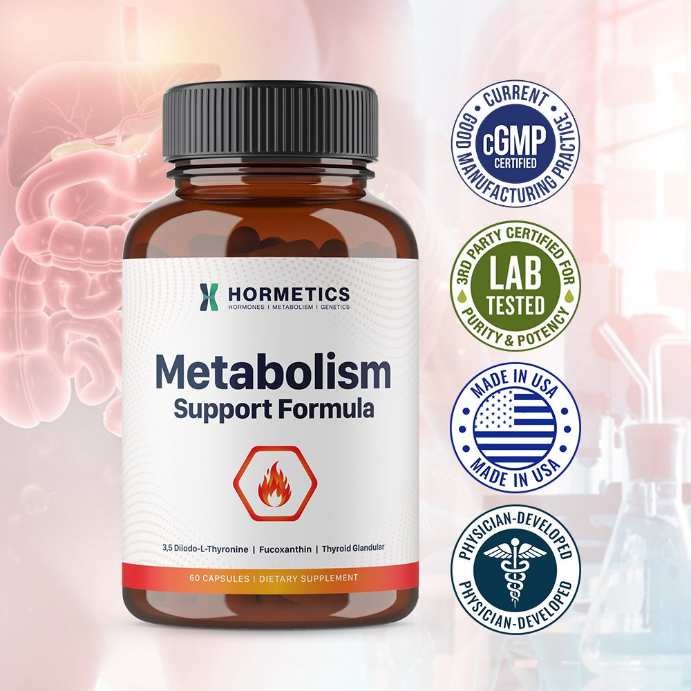 Metabolism Support Formula bottle on a medical illustration background with cGMP Certified, 3rd Party Lab Tested, Made in USA, and Physician-Developed seals