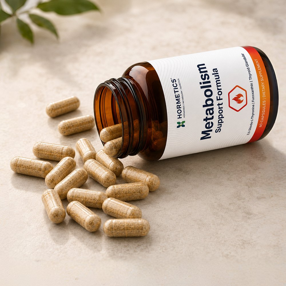 Open bottle of Metabolism Support Formula with capsules spilled onto a counter