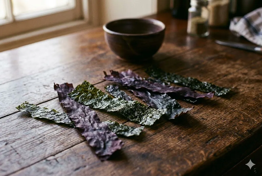 Dried seaweed strips in purple and green on a wooden table