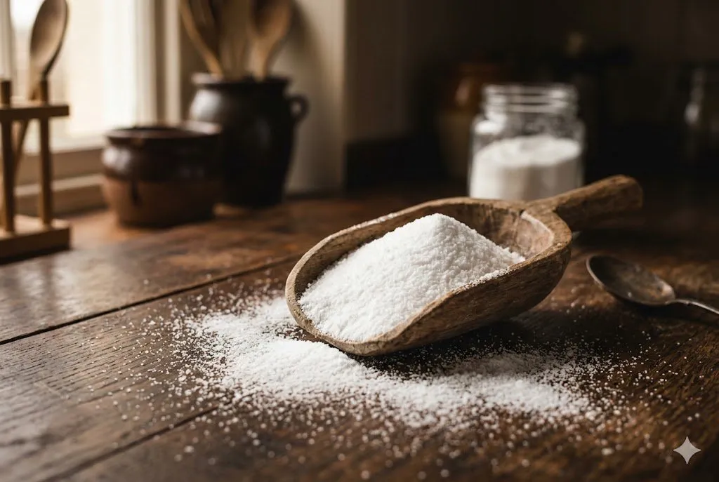 White powder in a wooden scoop on a rustic kitchen table