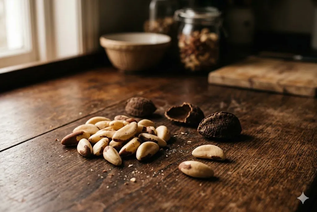 Fresh Brazil nuts on a rustic kitchen table