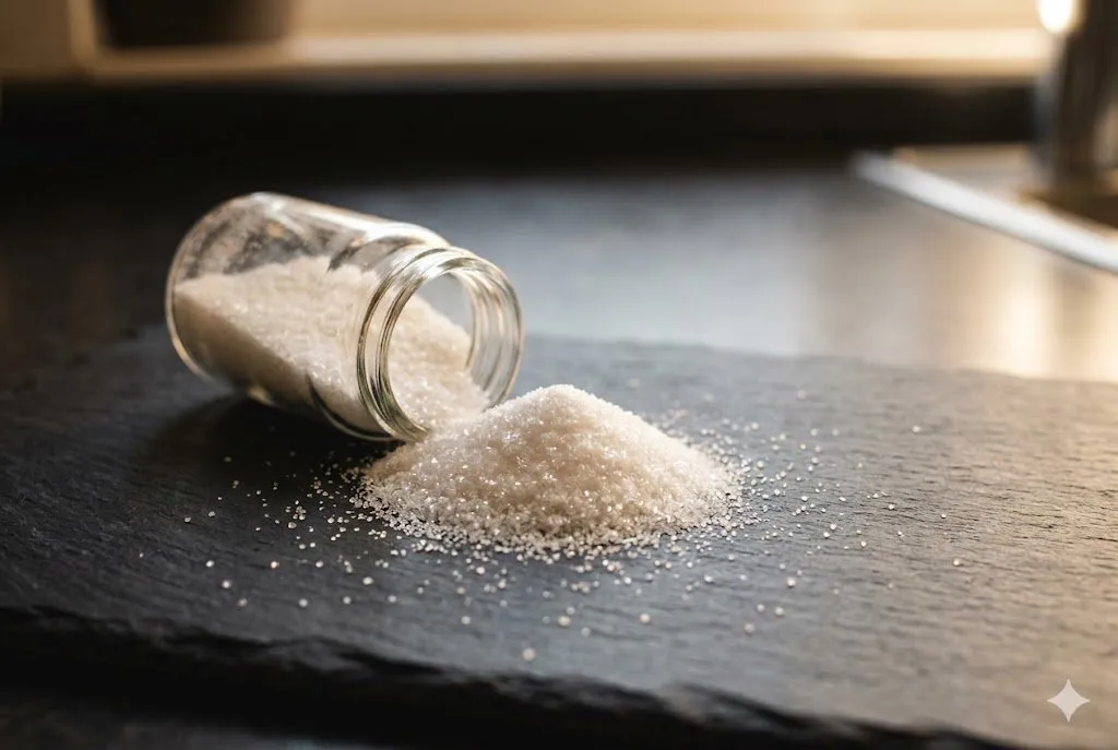 White crystalline powder in a glass vial on slate