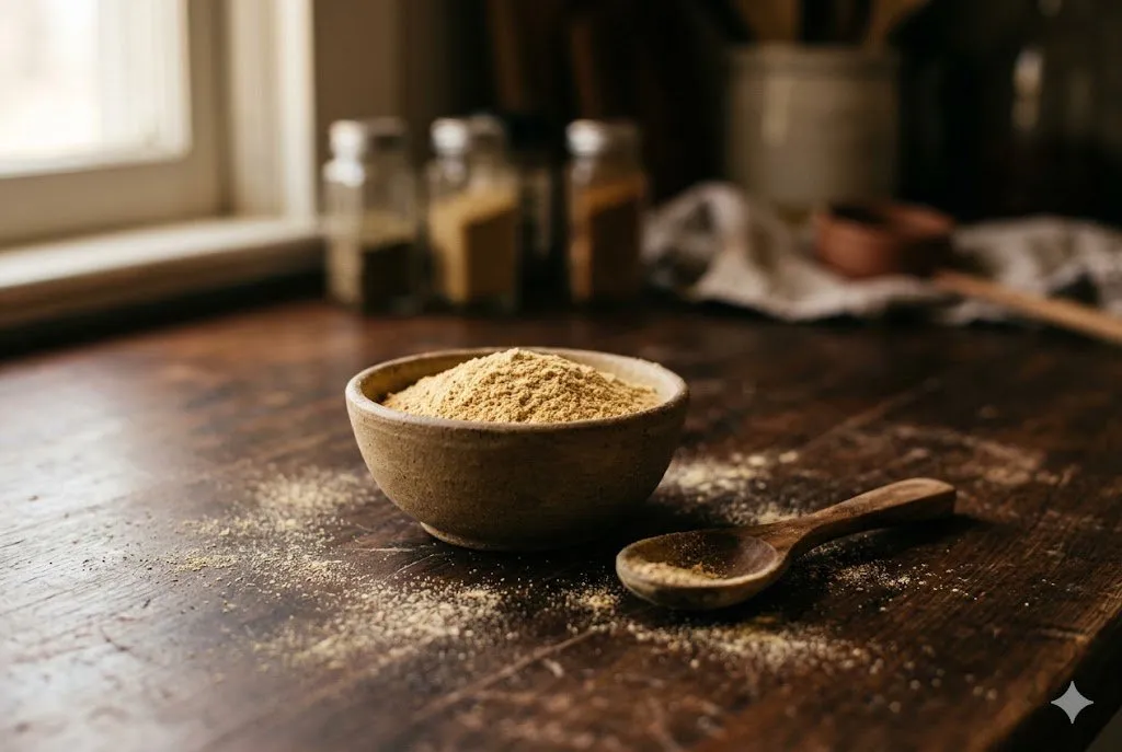 Tan powder in a rustic ceramic bowl