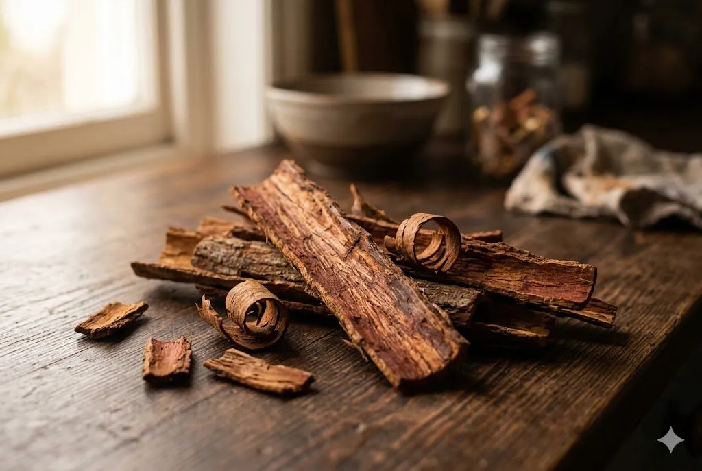 Yohimbe bark strips on a wooden table