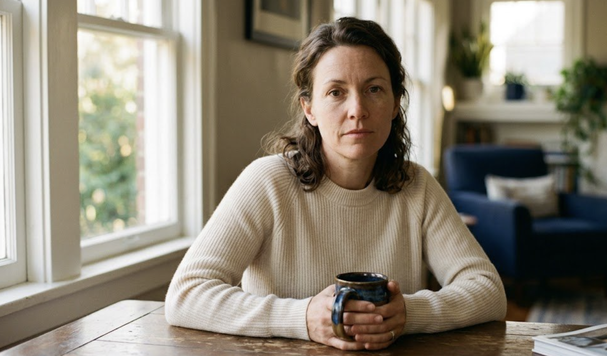 A woman sits at her kitchen table holding a mug, looking thoughtfully at the camera in soft morning light.