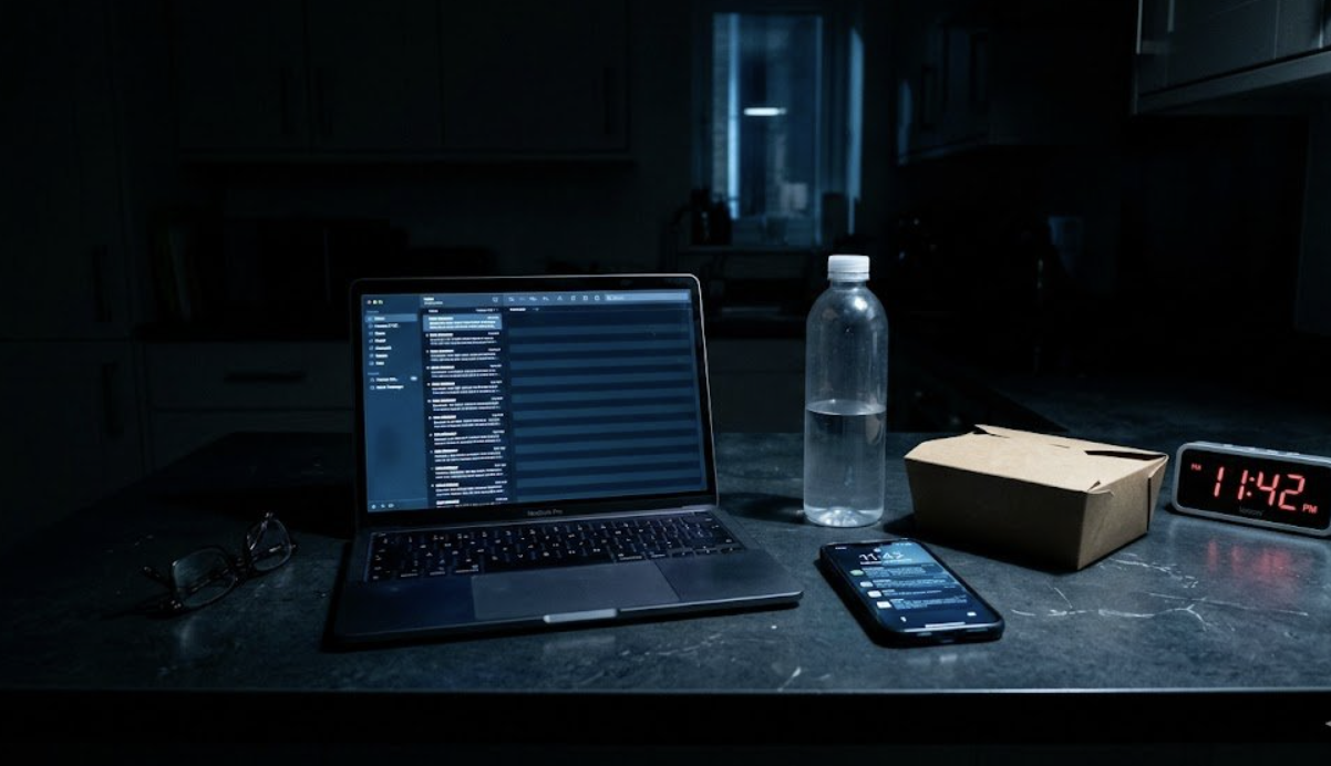 A still life of a kitchen counter at 11:42 PM, lit by the cold glow of a laptop and phone screen.